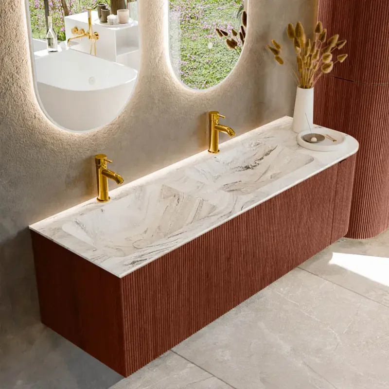 Actieprijs Mondiaz Kurve-dlux 145cm badmeubel ronding rechts ruby met 1 lade en deur en wastafel leaf dubbel/links 2 kraangaten glace