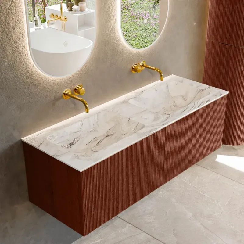 Nieuw Mondiaz Kurve-dlux 130cm badmeubel ruby met 2 lades en wastafel leaf dubbel zonder kraangat glace