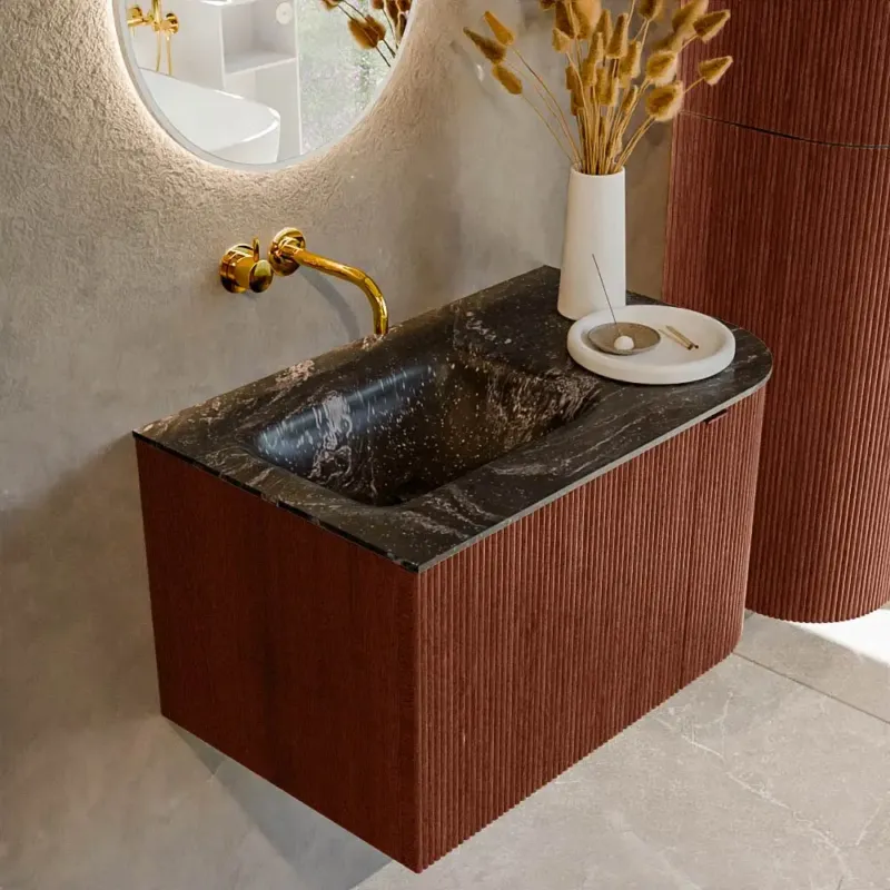 Voordeelprijs Mondiaz Kurve-dlux 75cm badmeubel ronding rechts ruby met 1 lade en deur en wastafel grunne links zonder kraangat lava