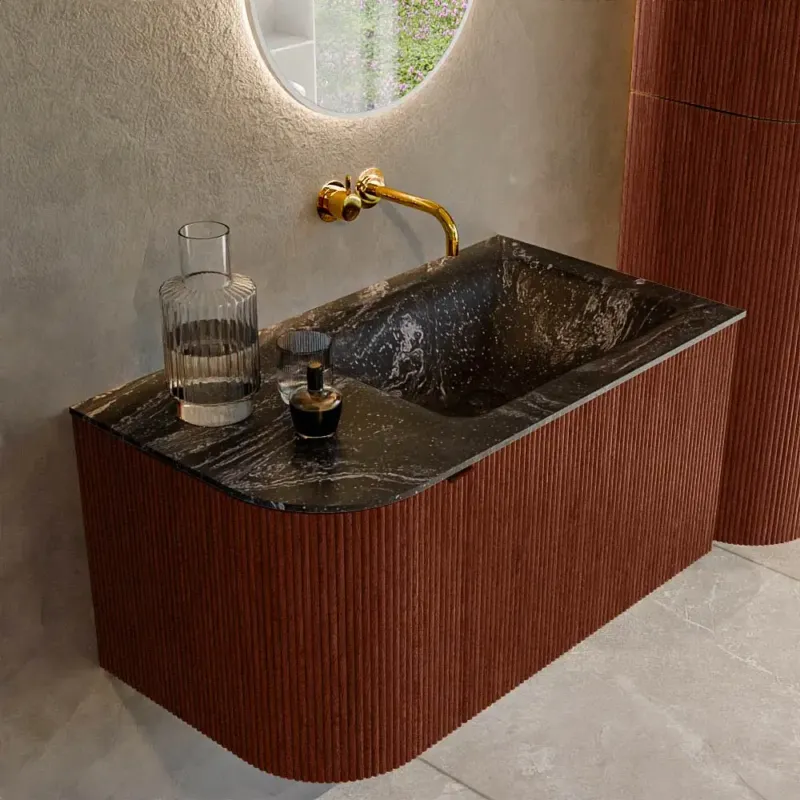 Tijdelijk Beschikbaar Mondiaz Kurve-dlux 85cm badmeubel ronding links ruby met 1 lade en deur en wastafel cloud rechts zonder kraangat lava