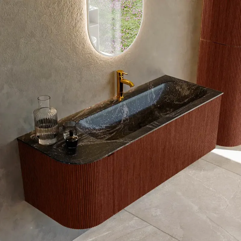 Aanbieding Mondiaz Kurve-dlux 125cm badmeubel ronding links ruby met 1 lade en deur en wastafel big medium kraangat rechts lava