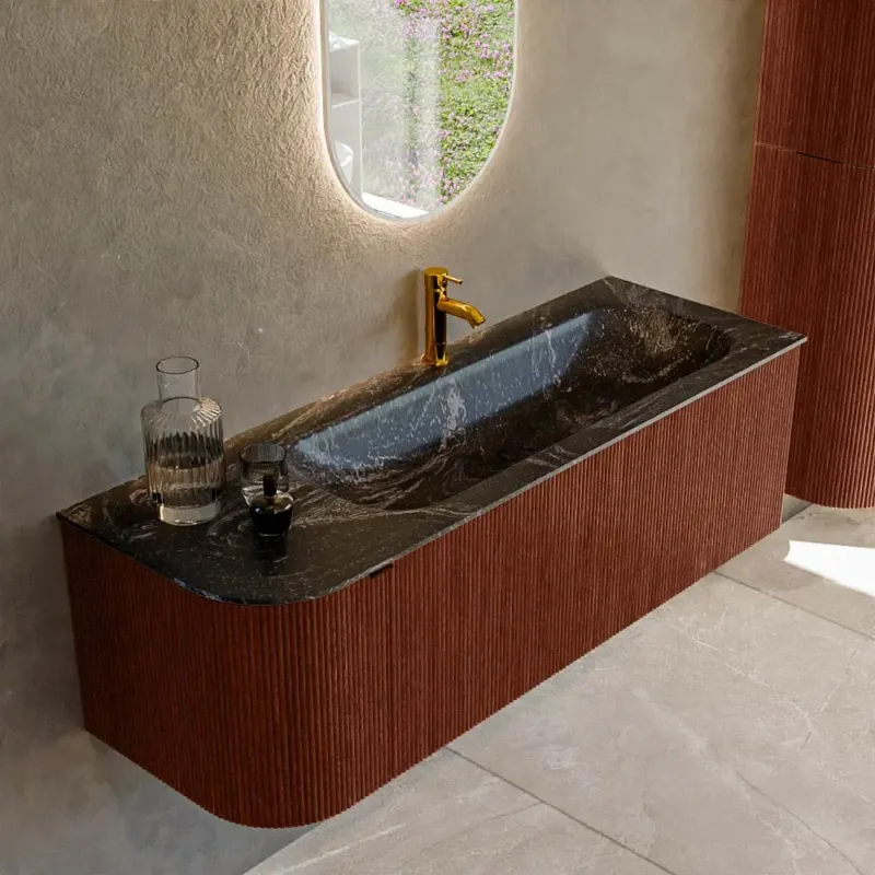 Superprijs Mondiaz Kurve-dlux 135cm badmeubel ronding links ruby met 1 lade en deur en wastafel big medium kraangat rechts lava