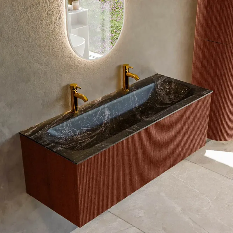 Actieprijs Mondiaz Kurve-dlux 120cm badmeubel ruby met 1 lade en wastafel big large midden 2 kraangaten lava