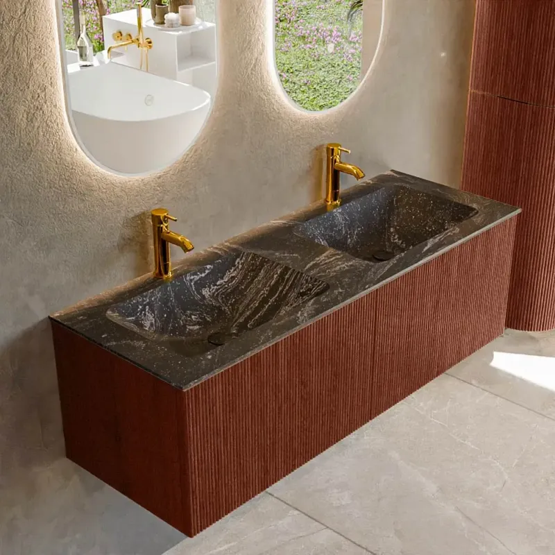 Populair Mondiaz Kurve-dlux 130cm badmeubel ruby met 2 lades en wastafel leaf dubbel 2 kraangaten lava