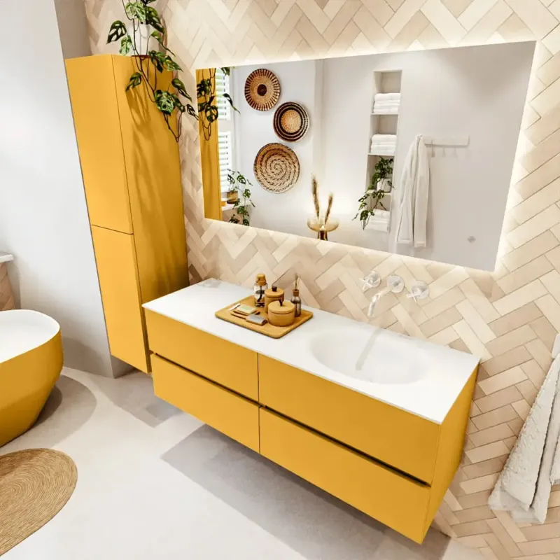 Dagaanbieding Mondiaz Vica badmeubel 140cm ocher 4 lades met wastafel moon rechts zonder kraangat