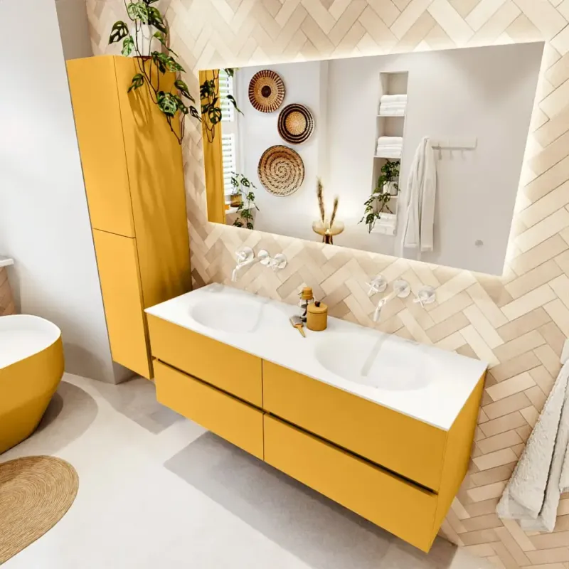 Mondiaz Vica badmeubel 140cm ocher 4 lades met wastafel moon dubbel zonder kraangat Weekendaanbieding