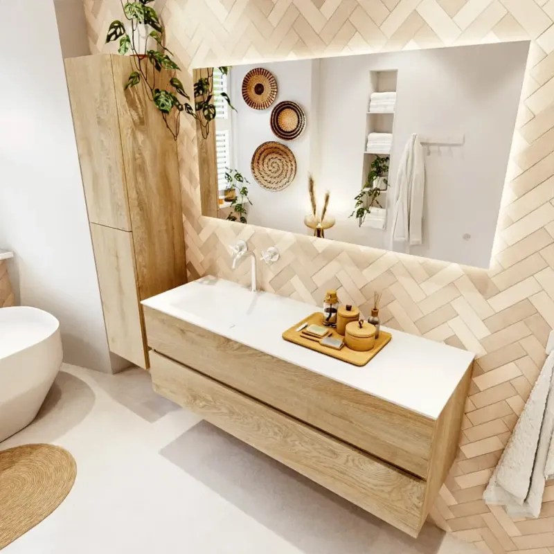 Superprijs Mondiaz Vica badmeubel 140cm washed oak 2 lades met wastafel cloud links 1 kraangat