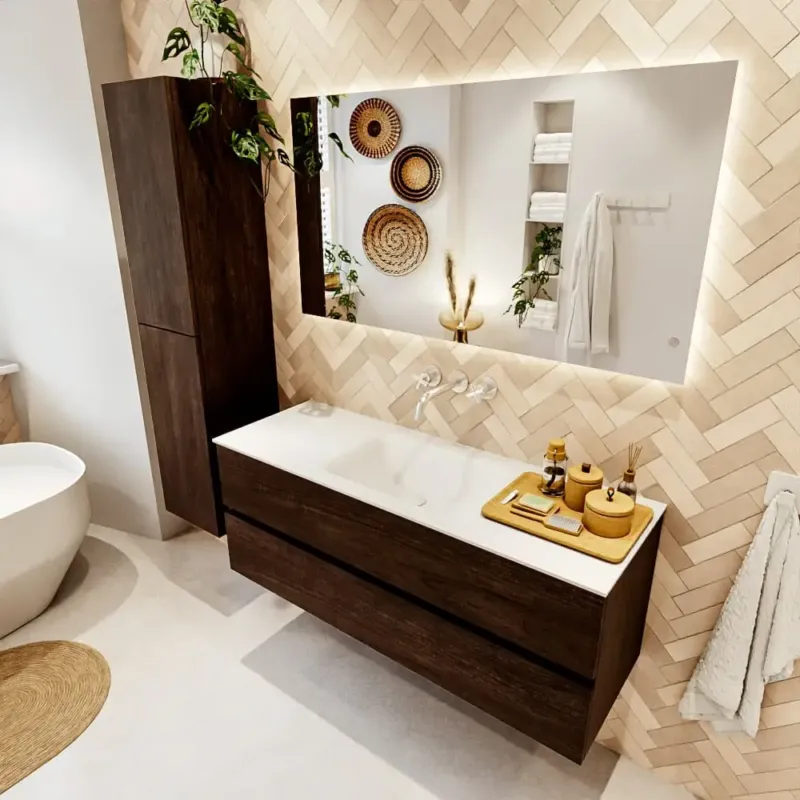 Op = Op Mondiaz Vica badmeubel 130cm dark brown 2 lades met wastafel cloud midden zonder kraangat