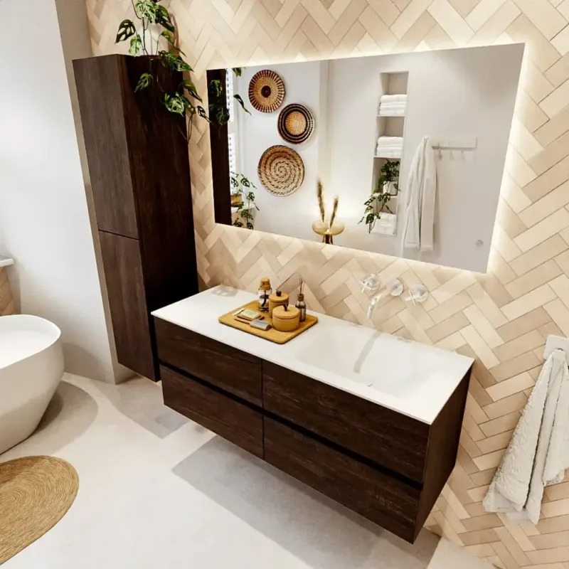 Premium Mondiaz Vica badmeubel 130cm dark brown 4 lades met wastafel cloud rechts zonder kraangat