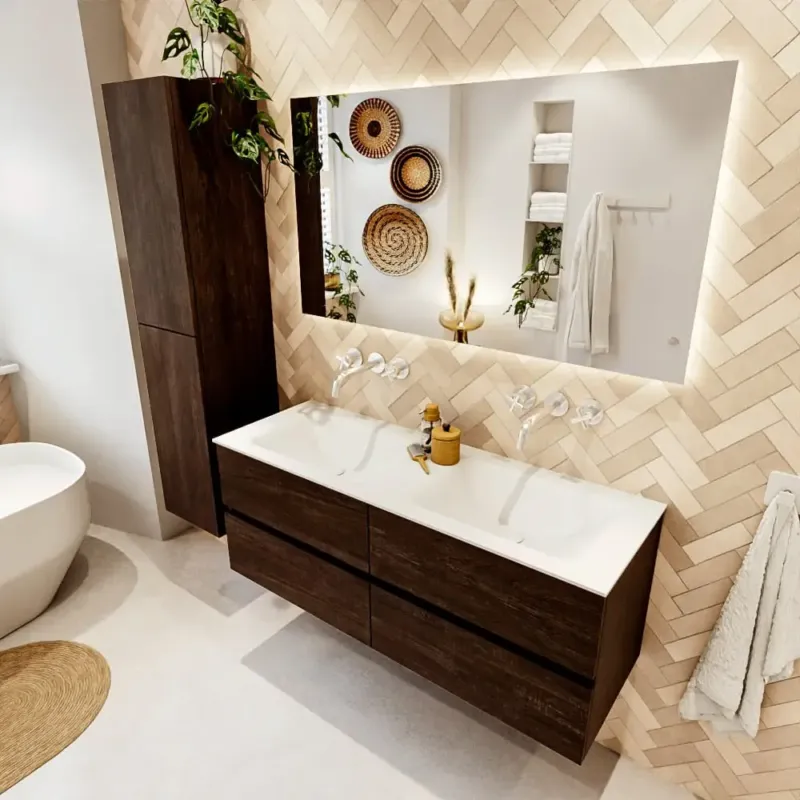 Actieprijs Mondiaz Vica badmeubel 130cm dark brown 4 lades met wastafel cloud dubbel zonder kraangat