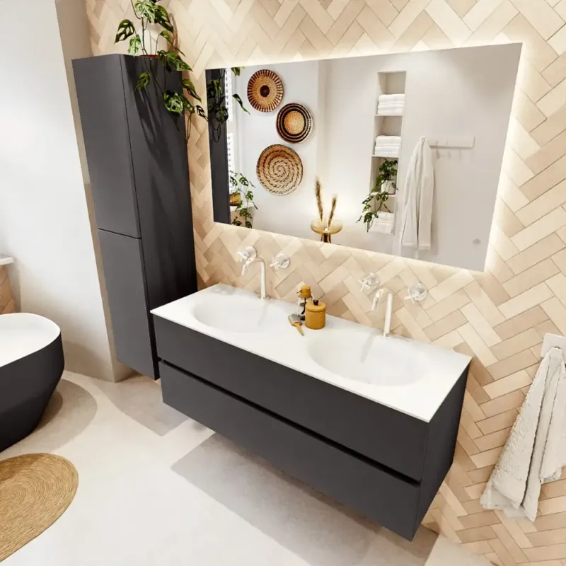 Premium Mondiaz Vica badmeubel 130cm dark grey 2 lades met wastafel moon dubbel 2 kraangaten