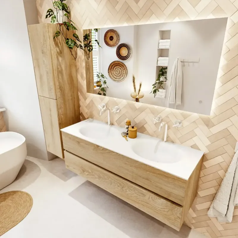 Aanbieding Mondiaz Vica badmeubel 140cm washed oak 2 lades met wastafel moon dubbel 2 kraangaten