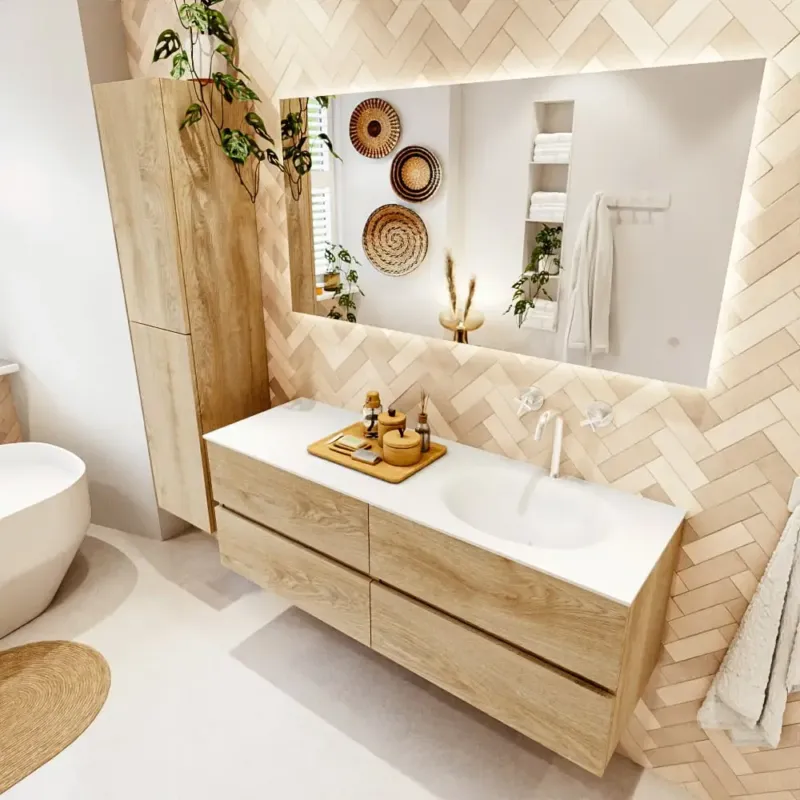 Nieuw Mondiaz Vica badmeubel 140cm washed oak 4 lades met wastafel moon rechts 1 kraangat