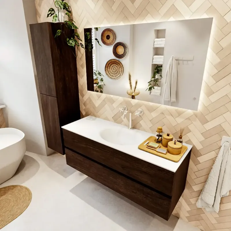 Seizoensaanbieding Mondiaz Vica badmeubel 130cm dark brown 2 lades met wastafel moon midden 1 kraangat