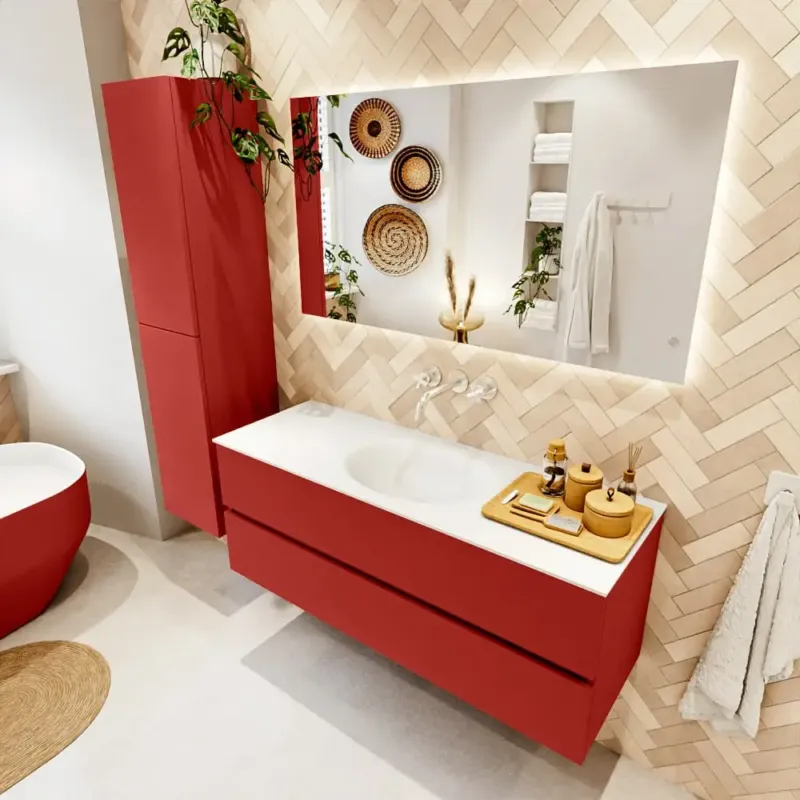 Must-Have Mondiaz Vica badmeubel 130cm fire 2 lades met wastafel moon midden zonder kraangat
