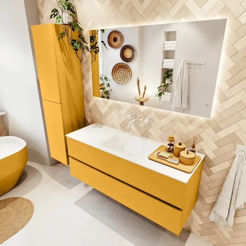 Tijdelijk Beschikbaar Mondiaz Vica badmeubel 130cm ocher 2 lades met wastafel cloud midden zonder kraangat