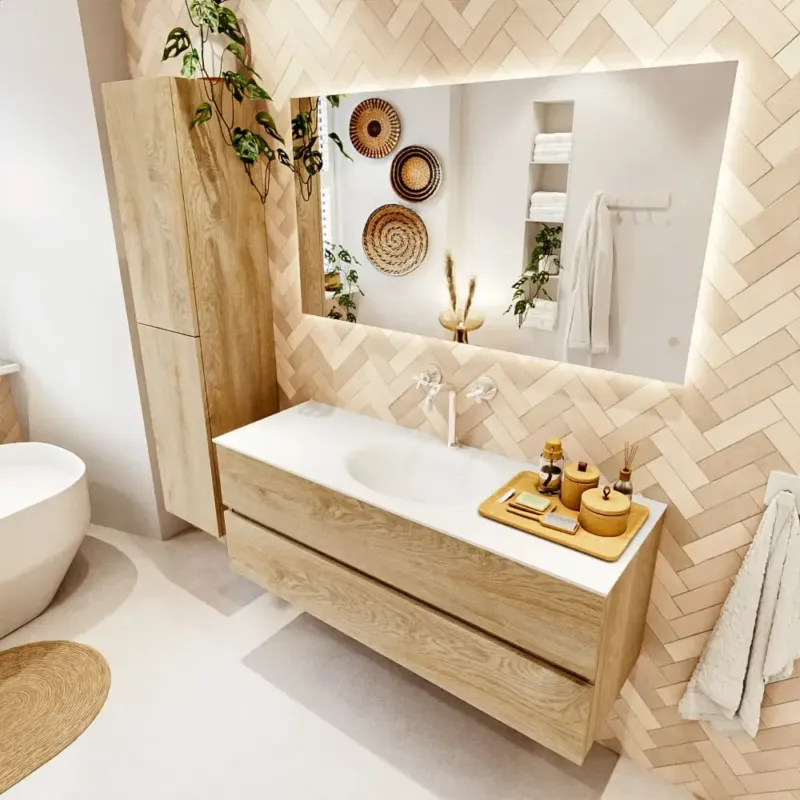 Actieprijs Mondiaz Vica badmeubel 130cm washed oak 2 lades met wastafel moon midden 1 kraangat