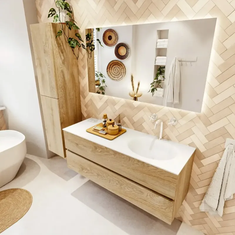Voordeelprijs Mondiaz Vica badmeubel 130cm washed oak 2 lades met wastafel moon rechts 1 kraangat