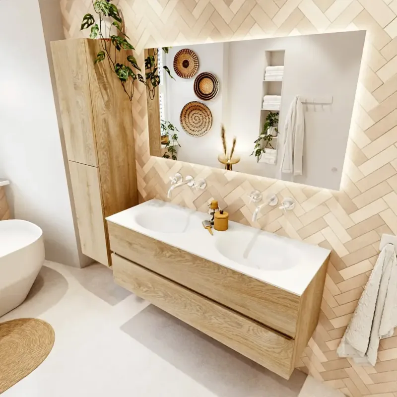 Must-Have Mondiaz Vica badmeubel 130cm washed oak 2 lades met wastafel moon dubbel zonder kraangat