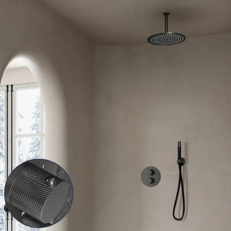 Korting Saniclear Iron Curved Pro inbouw regendouche rond met 30cm hoofddouche en plafondarm verouderd ijzer - gunmetal