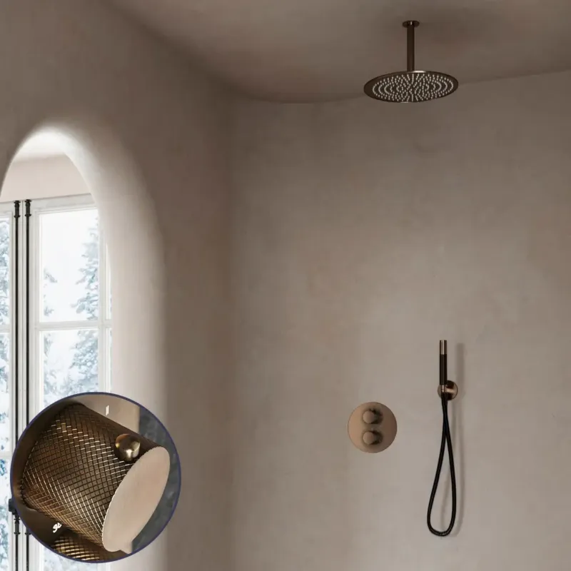 Saniclear Antique Curved Pro inbouw regendouche rond met 30cm hoofddouche en plafondarm verouderd messing Premium