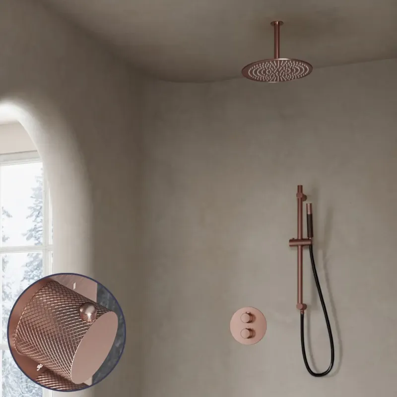 Koopje Saniclear Copper Curved Pro inbouw regendouche rond met 20cm hoofddouche, plafondarm en glijstang geborsteld koper