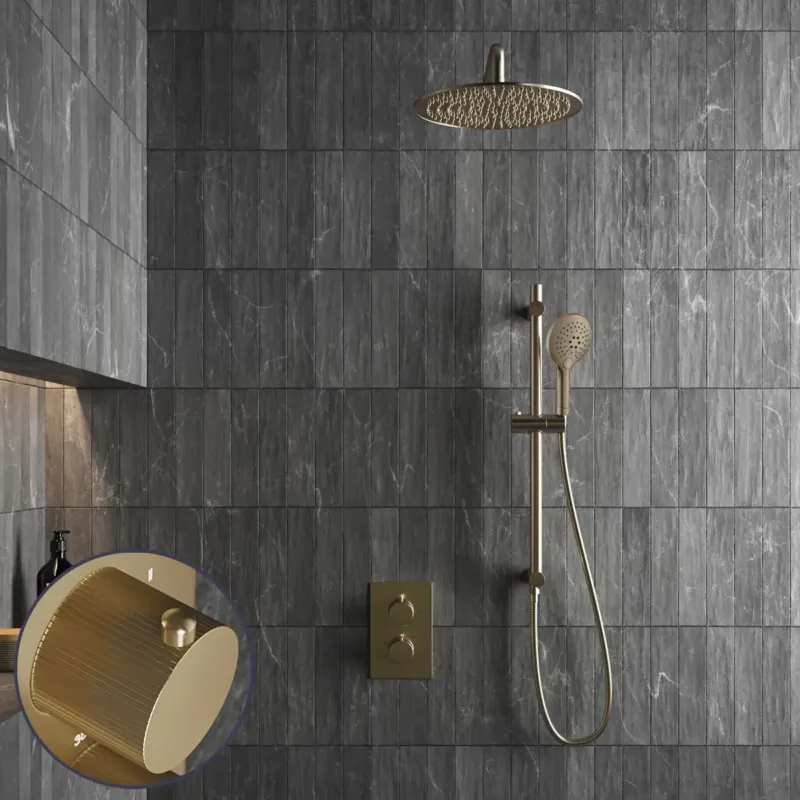 Beste Prijs Saniclear Brass Stripes inbouw regendouche met 20cm hoofddouche, muurarm, 2 standen handdouche en glijstang geborsteld messing - mat goud