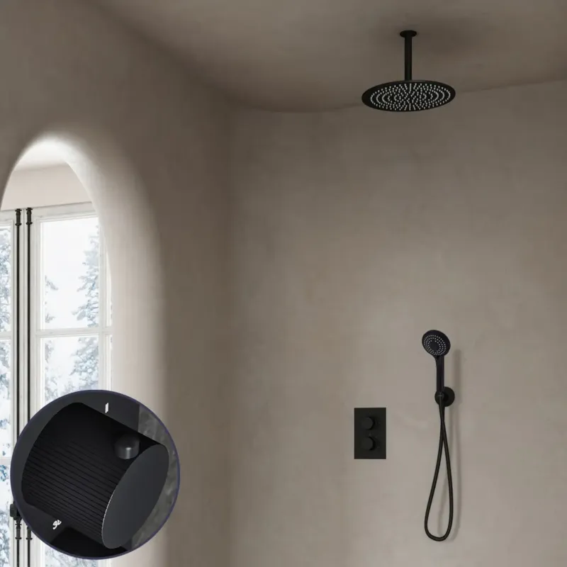 Saniclear Nero Stripes inbouw regendouche met 20cm hoofddouche, plafondarm en 3 standen handdouche zwart mat Direct Beschikbaar