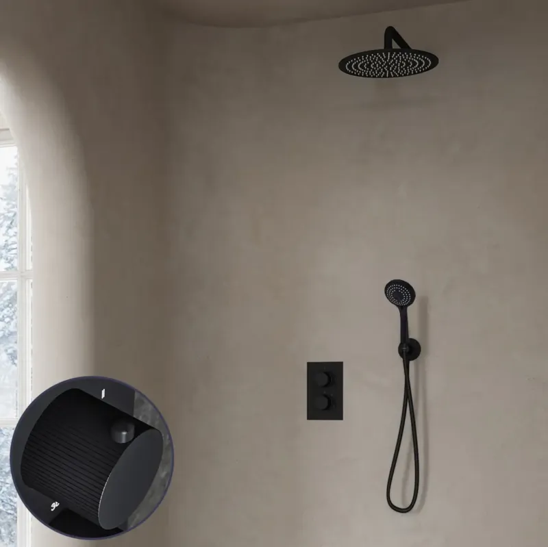 Saniclear Nero Stripes inbouw regendouche met 30cm hoofddouche, muurarm en 3 standen handdouche zwart mat Rechtstreeks Van De Fabrikant