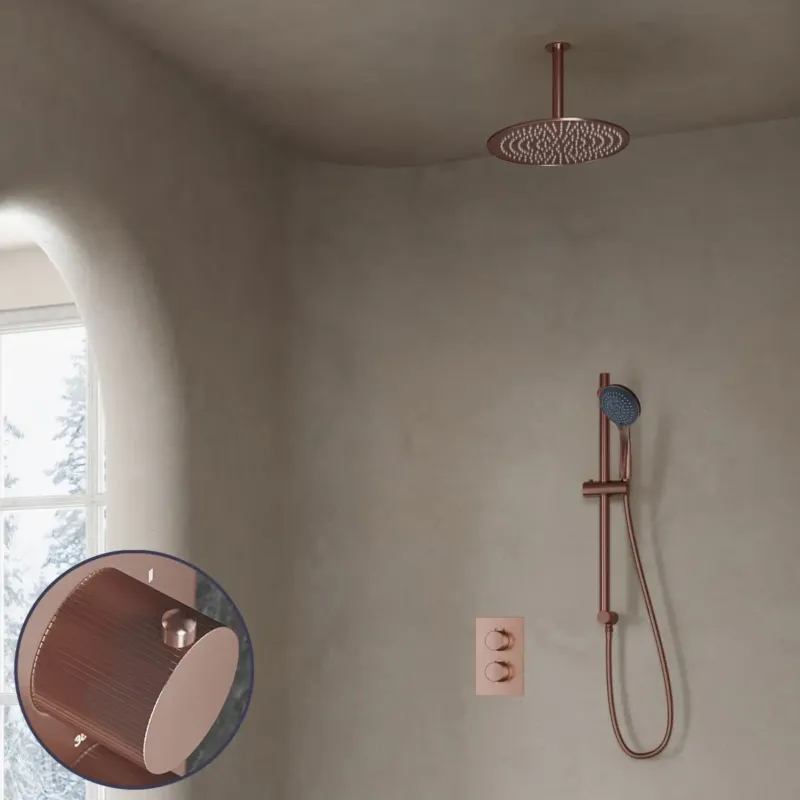 Saniclear Copper Stripes inbouw regendouche met 30cm hoofddouche, plafondarm, 3 standen handdouche en glijstang geborsteld koper Nu Kopen