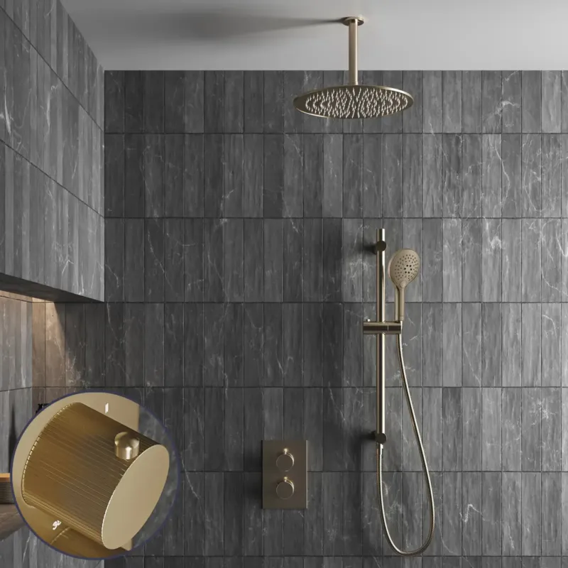 Saniclear Brass Stripes inbouw regendouche met 30cm hoofddouche, plafondarm, 2 standen handdouche en glijstang geborsteld messing - mat goud Weekendaanbieding