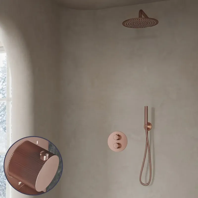Saniclear Copper Stripes inbouw regendouche rond met 20cm hoofddouche en muurarm geborsteld koper Nu Kopen
