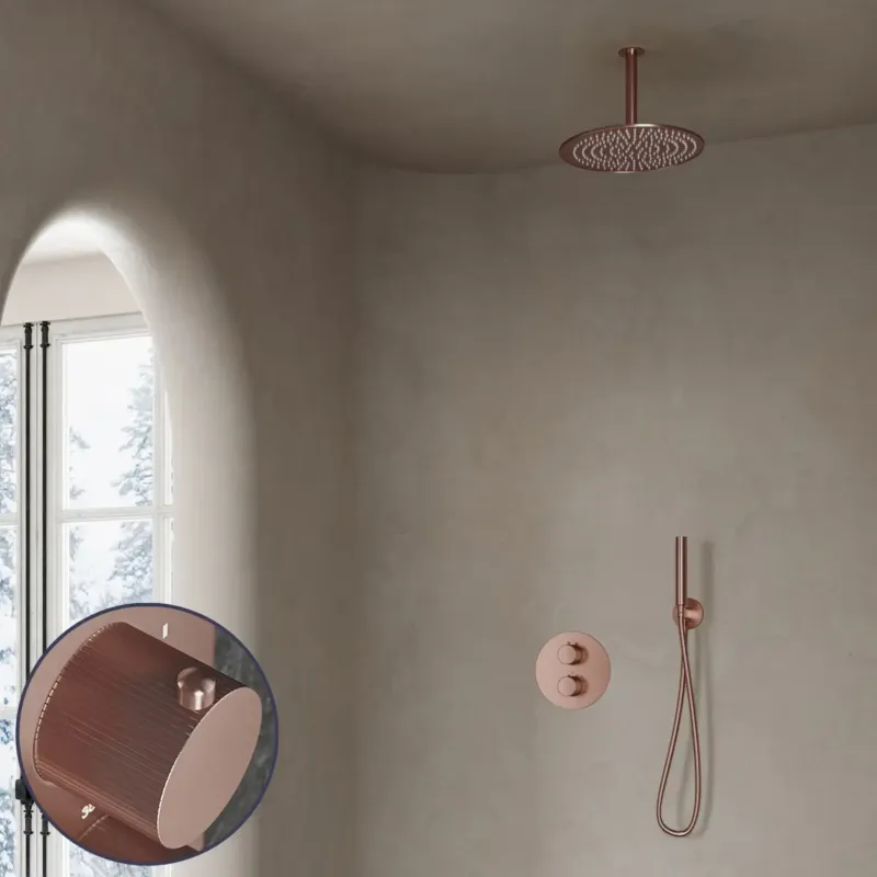 Saniclear Copper Stripes inbouw regendouche rond met 20cm hoofddouche en plafondarm geborsteld koper Betrouwbaar
