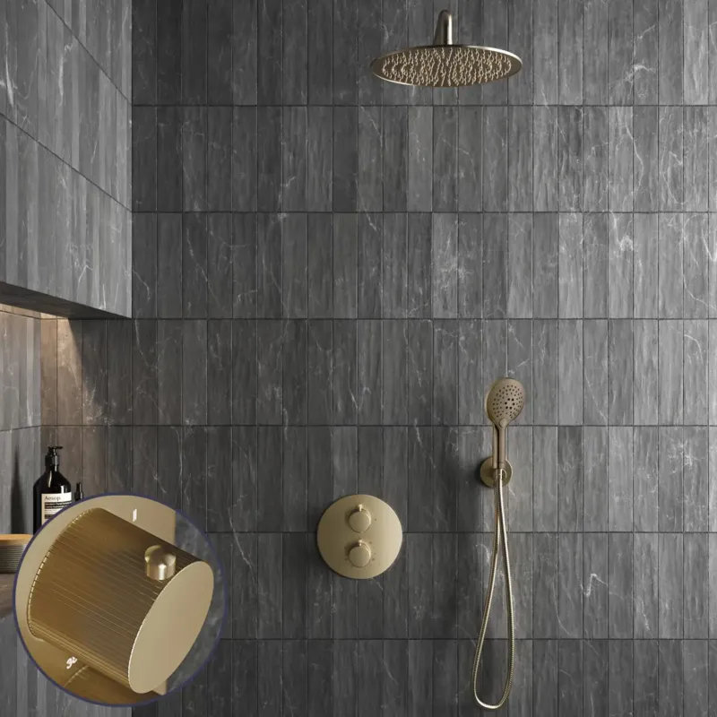 Saniclear Brass Stripes inbouw regendouche rond met 20cm hoofddouche, muurarm en 2 standen handdouche geborsteld messing - mat goud Goedkoop