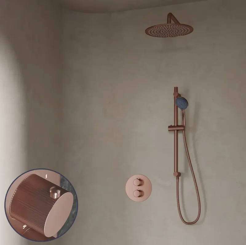 Tijdelijk Beschikbaar Saniclear Copper Stripes inbouw regendouche rond met 20cm hoofddouche, muurarm, 3 standen handdouche en glijstang geborsteld koper