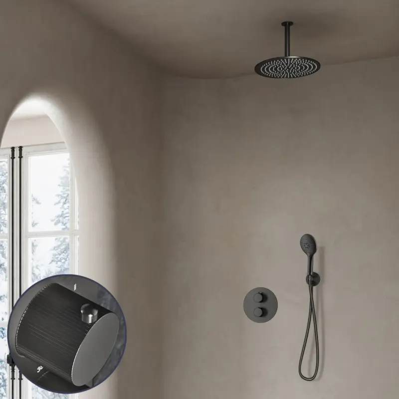 Exclusieve Aanbieding Saniclear Iron Stripes inbouw regendouche rond met 20cm hoofddouche, plafondarm en 2 standen handdouche verouderd ijzer - gunmetal