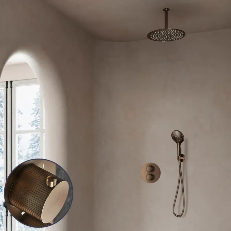Superprijs Saniclear Antique Stripes inbouw regendouche rond met 20cm hoofddouche, plafondarm en 2 standen handdouche verouderd messing