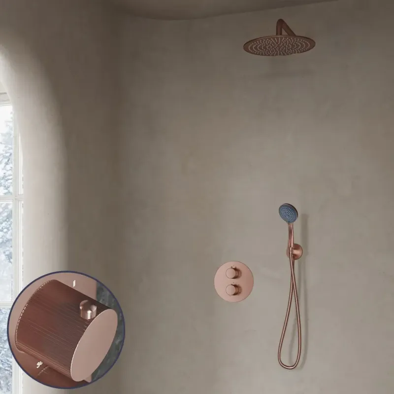 Veilige Betaling Saniclear Copper Stripes inbouw regendouche rond met 30cm hoofddouche, muurarm en 3 standen handdouche geborsteld koper