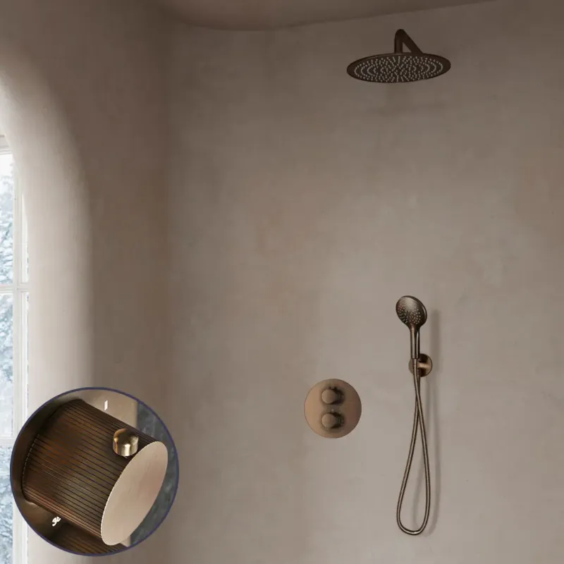 Saniclear Antique Stripes inbouw regendouche rond met 30cm hoofddouche, muurarm en 2 standen handdouche verouderd messing Voordeelprijs