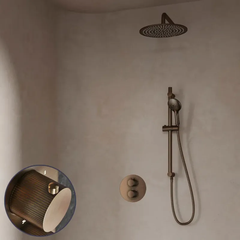 Superprijs Saniclear Antique Stripes inbouw regendouche rond met 30cm hoofddouche, muurarm, 2 standen handdouche en glijstang verouderd messing