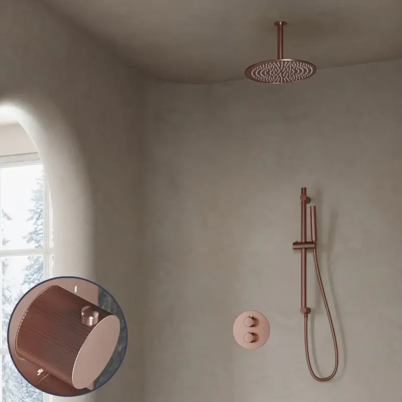 Saniclear Copper Stripes inbouw regendouche rond met 30cm hoofddouche, plafondarm en glijstang geborsteld koper Speciale Aanbieding