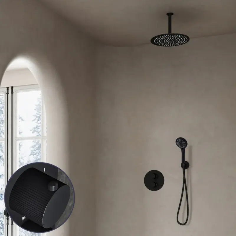 Saniclear Nero Stripes inbouw regendouche rond met 30cm hoofddouche, plafondarm en 3 standen handdouche zwart mat Meest Verkocht