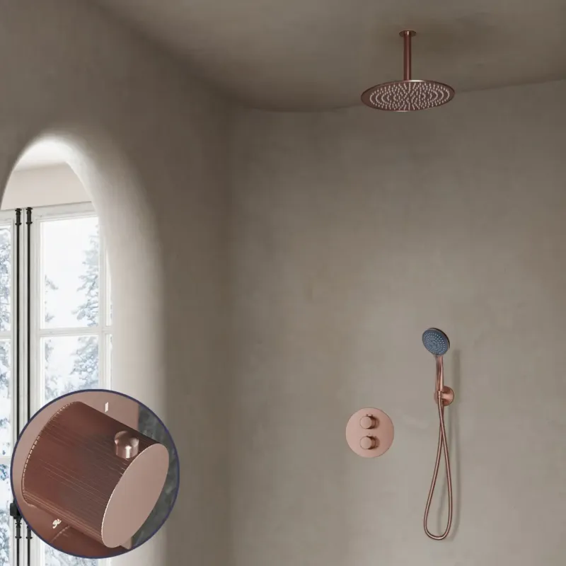 Premium Saniclear Copper Stripes inbouw regendouche rond met 30cm hoofddouche, plafondarm en 3 standen handdouche geborsteld koper