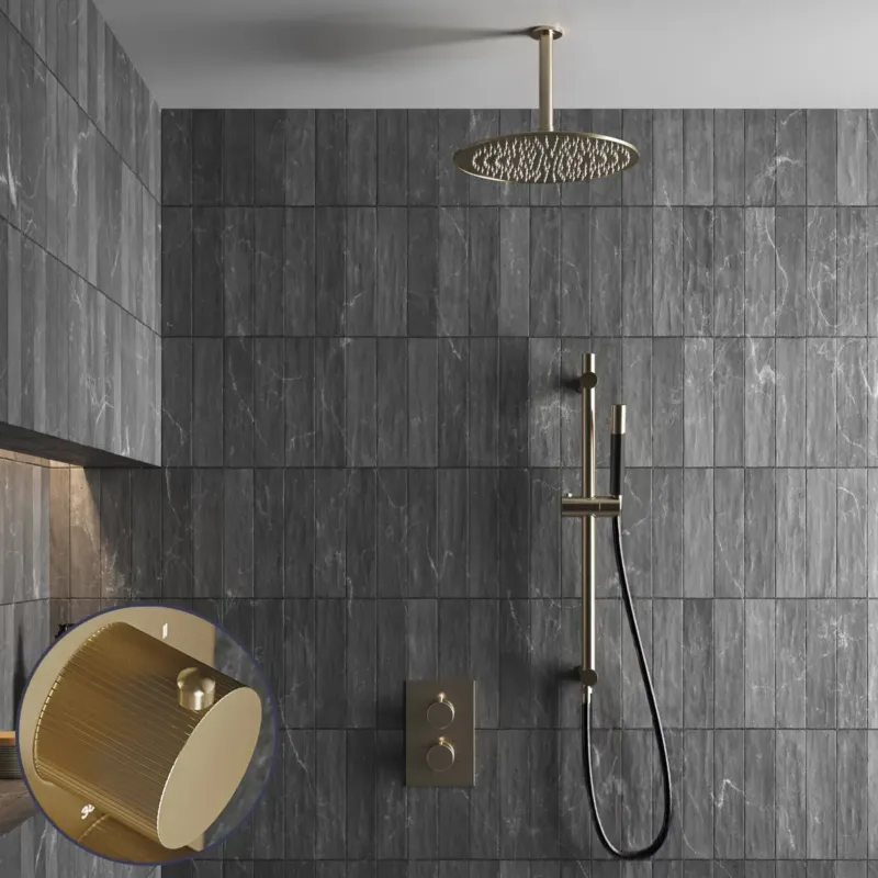 Veilige Betaling Saniclear Brass Stripes Pro inbouw regendouche met 20cm hoofddouche, plafondarm en glijstang geborsteld messing - mat goud