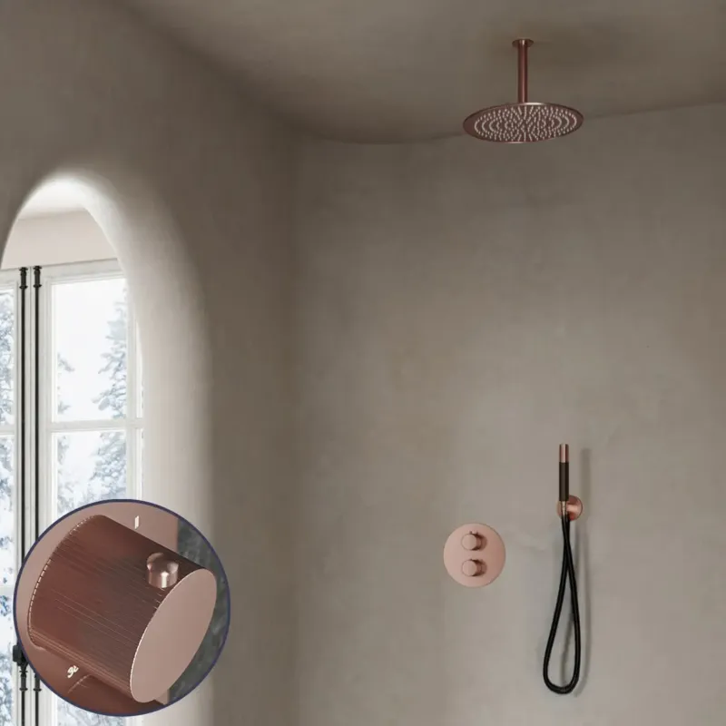 Flitsaanbieding Saniclear Copper Stripes Pro inbouw regendouche rond met 20cm hoofddouche en plafondarm geborsteld koper