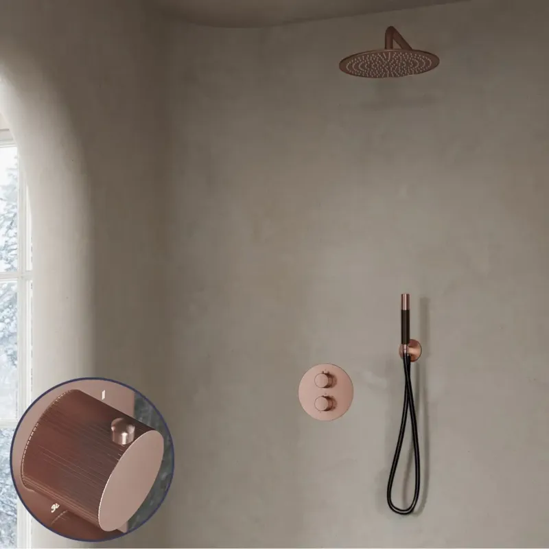 Saniclear Copper Stripes Pro inbouw regendouche rond met 30cm hoofddouche en muurarm geborsteld koper Merkproduct