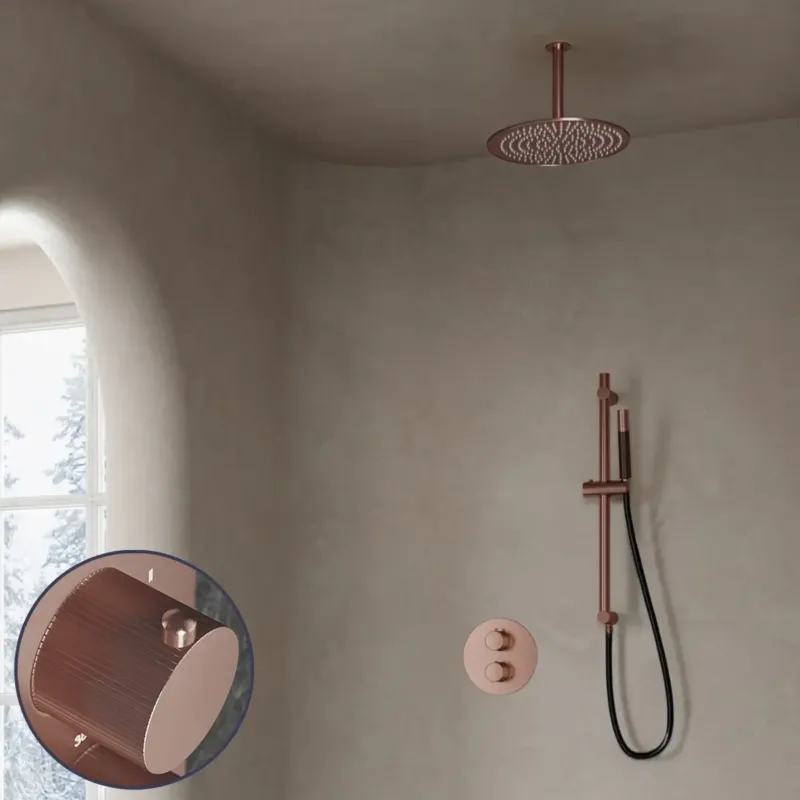 Populair Saniclear Copper Stripes Pro inbouw regendouche rond met 20cm hoofddouche, plafondarm en glijstang geborsteld koper