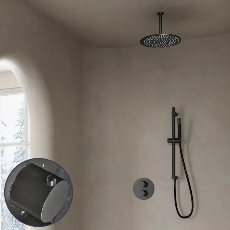 Voordeelprijs Saniclear Iron Stripes Pro inbouw regendouche rond met 20cm hoofddouche, plafondarm en glijstang verouderd ijzer - gunmetal