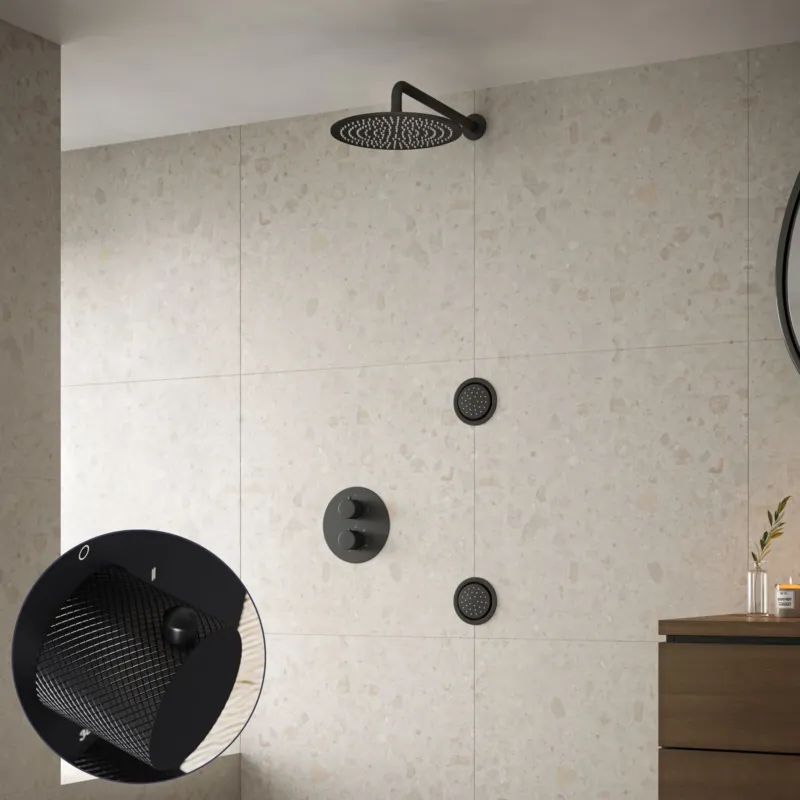 Saniclear Nero Curved inbouw regendouche 20cm met ronde massagejets en muurarm zwart mat Premium
