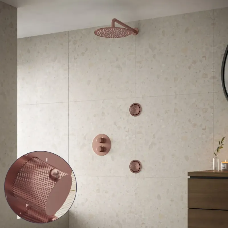 Flitsaanbieding Saniclear Copper Curved inbouw regendouche 20cm met ronde massagejets en muurarm geborsteld koper